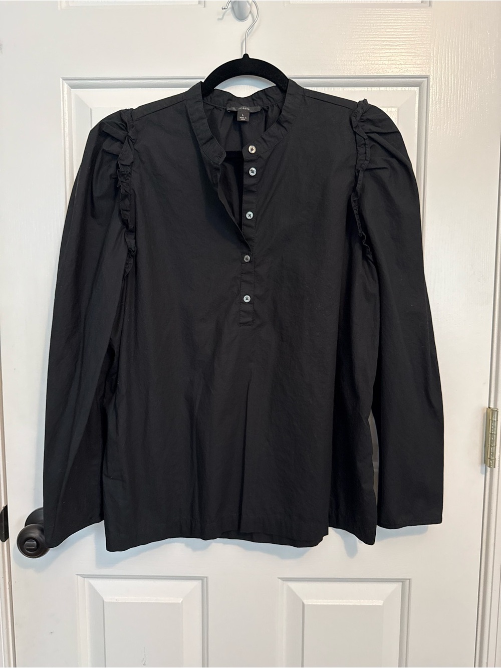 J. Crew Black Ruffle Shoulder Popover Henley Blouse